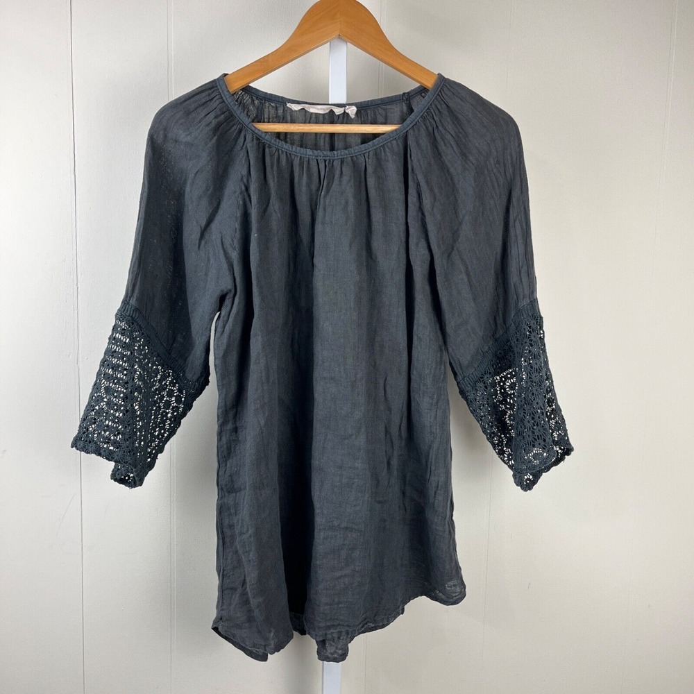 Soft Surroundings Peasant Top Shirt Womens XS Black Lace 3/4 Sleeve